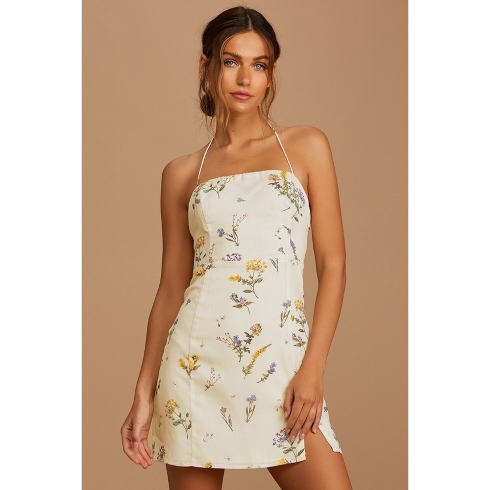 Lulus Catch The Bouquet Cream Floral Print Halter Lace-up Mini Dress White
